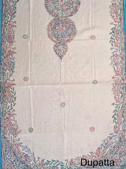 Pastel Blue Chanderi 3-Piece Unstitched Suit with Madhubani Dupatta