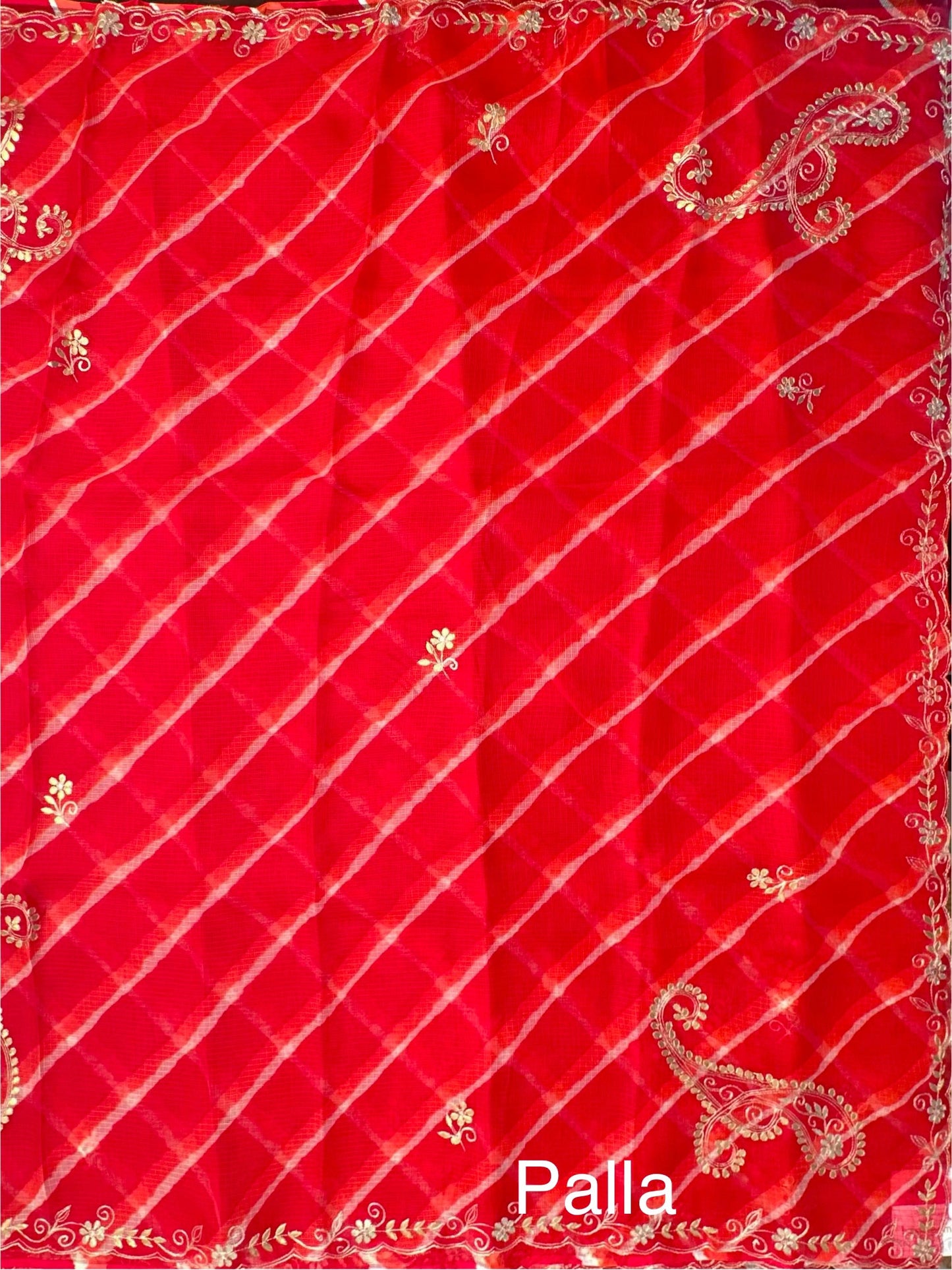 Red-Orange Kyra Leheriya Kota Doria Pure Silk Saree With Gota Patti Work