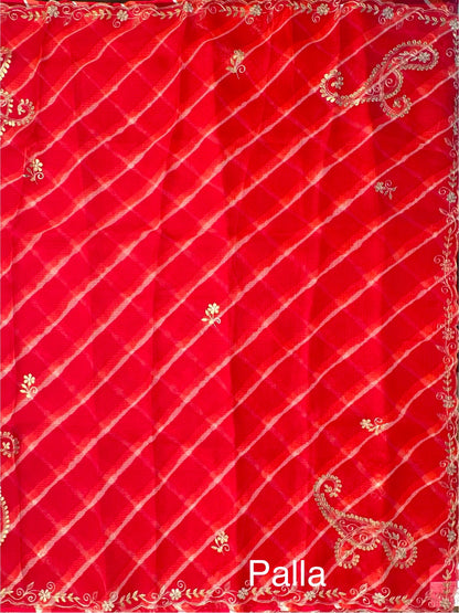 Red-Orange Kyra Leheriya Kota Doria Pure Silk Saree With Gota Patti Work