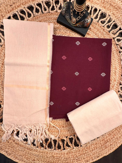 Maroon-Beige South Cotton 3-Piece Suit