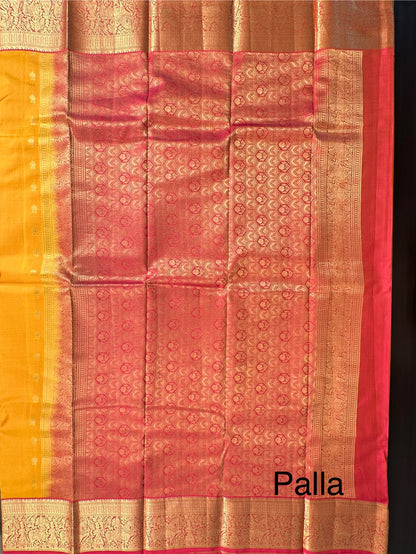 Yellow- Pink Pondicherry Handloom  Pure Silk Saree