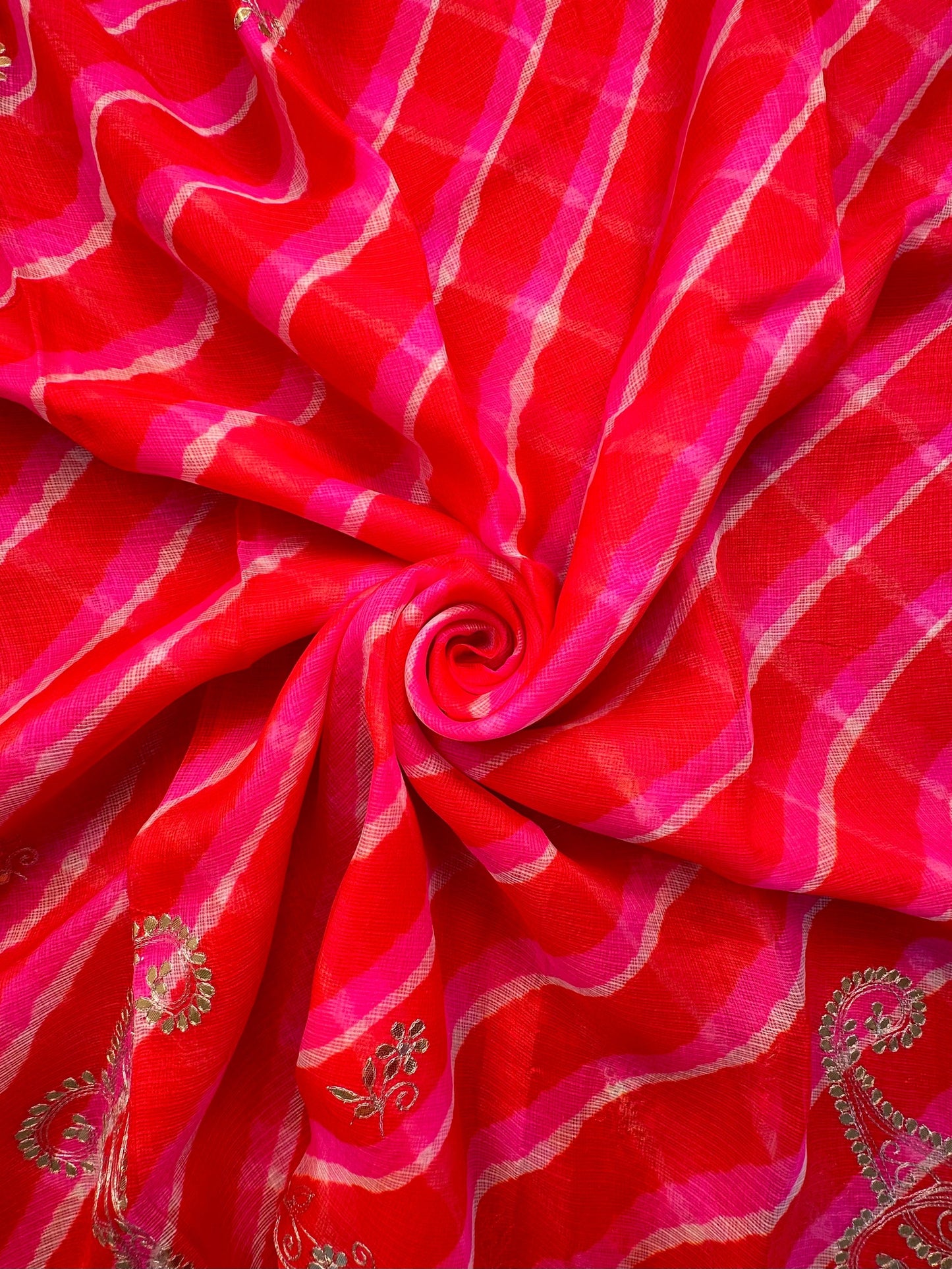 Orange-Pink Kyra Leheriya Kota Doria Pure Silk Saree With Gota Patti Work