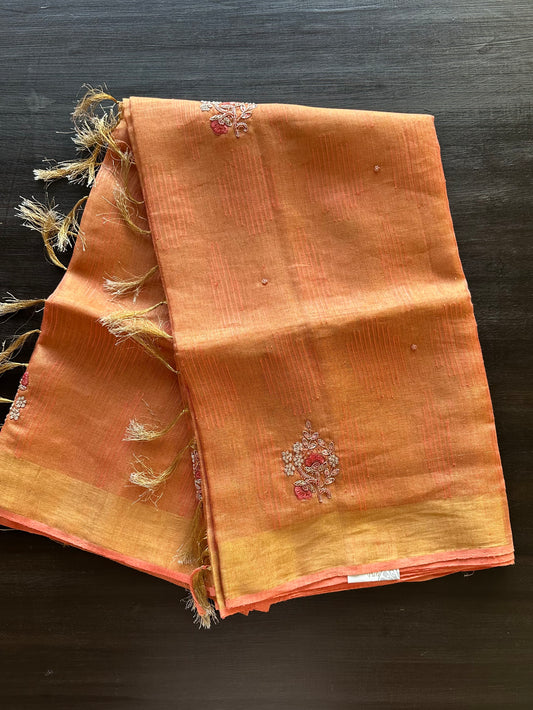 Peach Fancy Linen Tissue Saree with Handwork