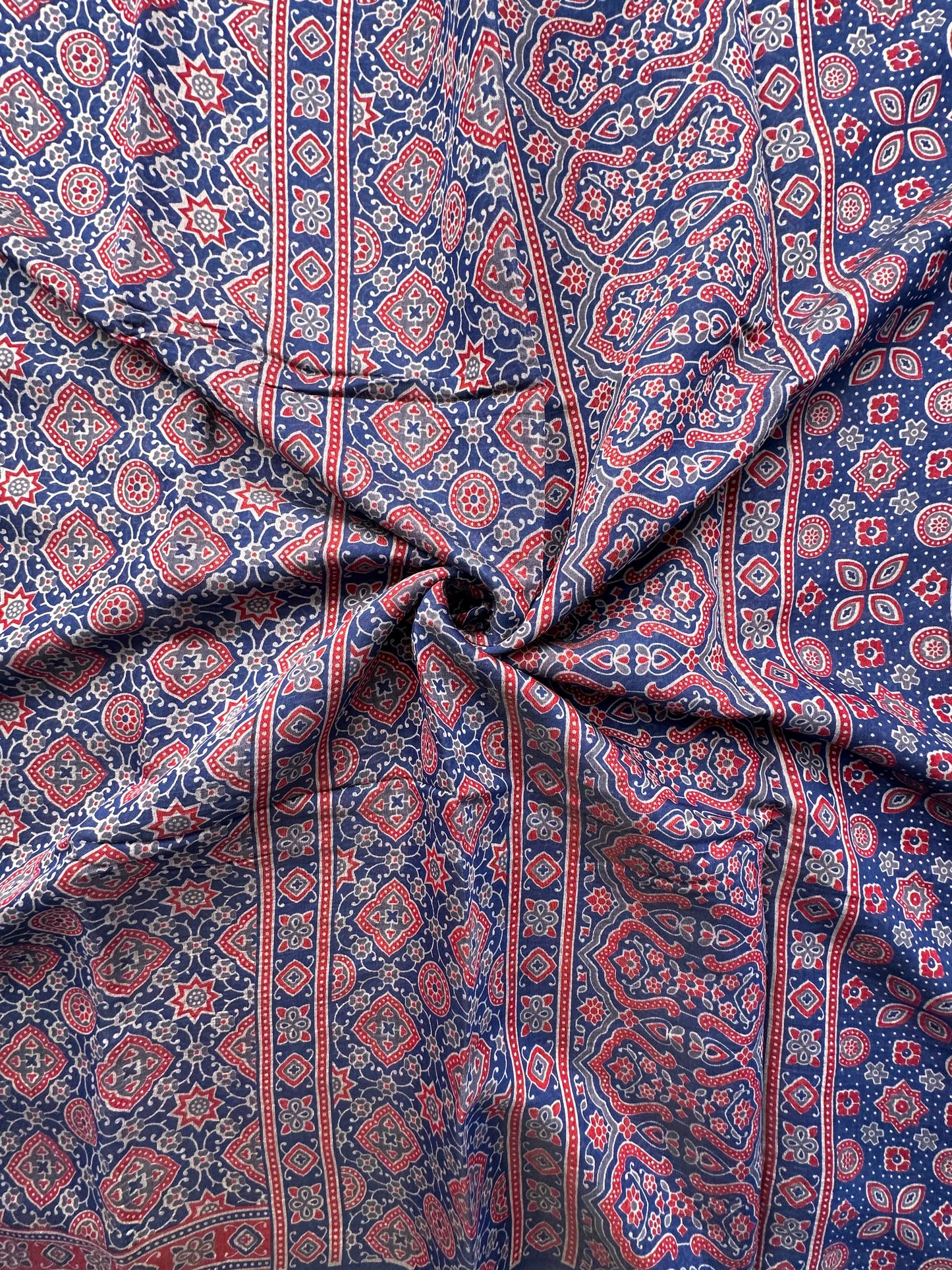 Navy Blue Ajrakh Print Cotton Blend Saree