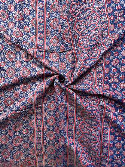 Navy Blue Ajrakh Print Cotton Blend Saree