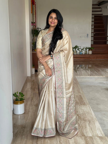 Beige Pure Tussar Silk Saree With Embroidery