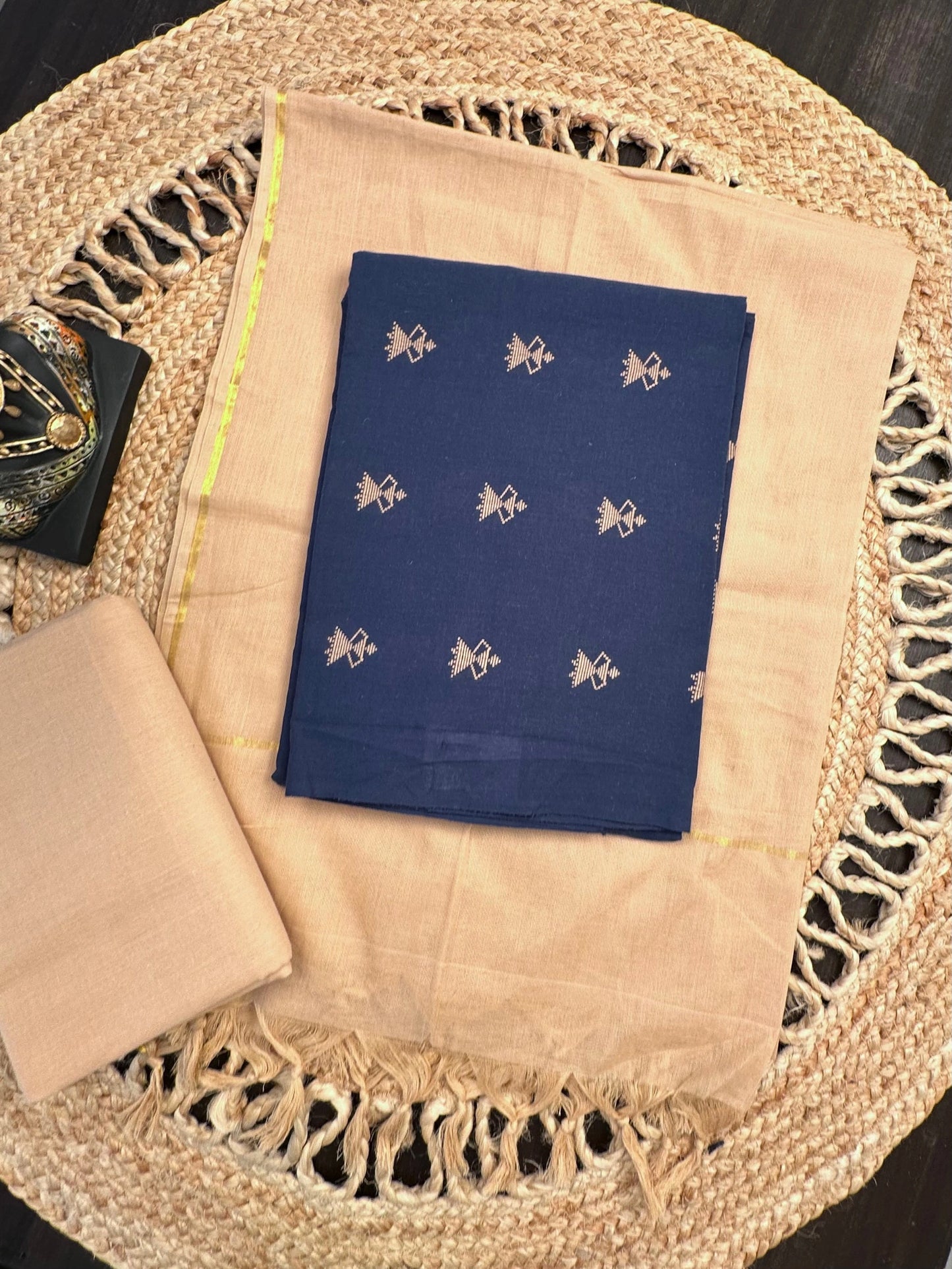 Navy Blue-Beige Warli South Cotton 3-Piece Suit