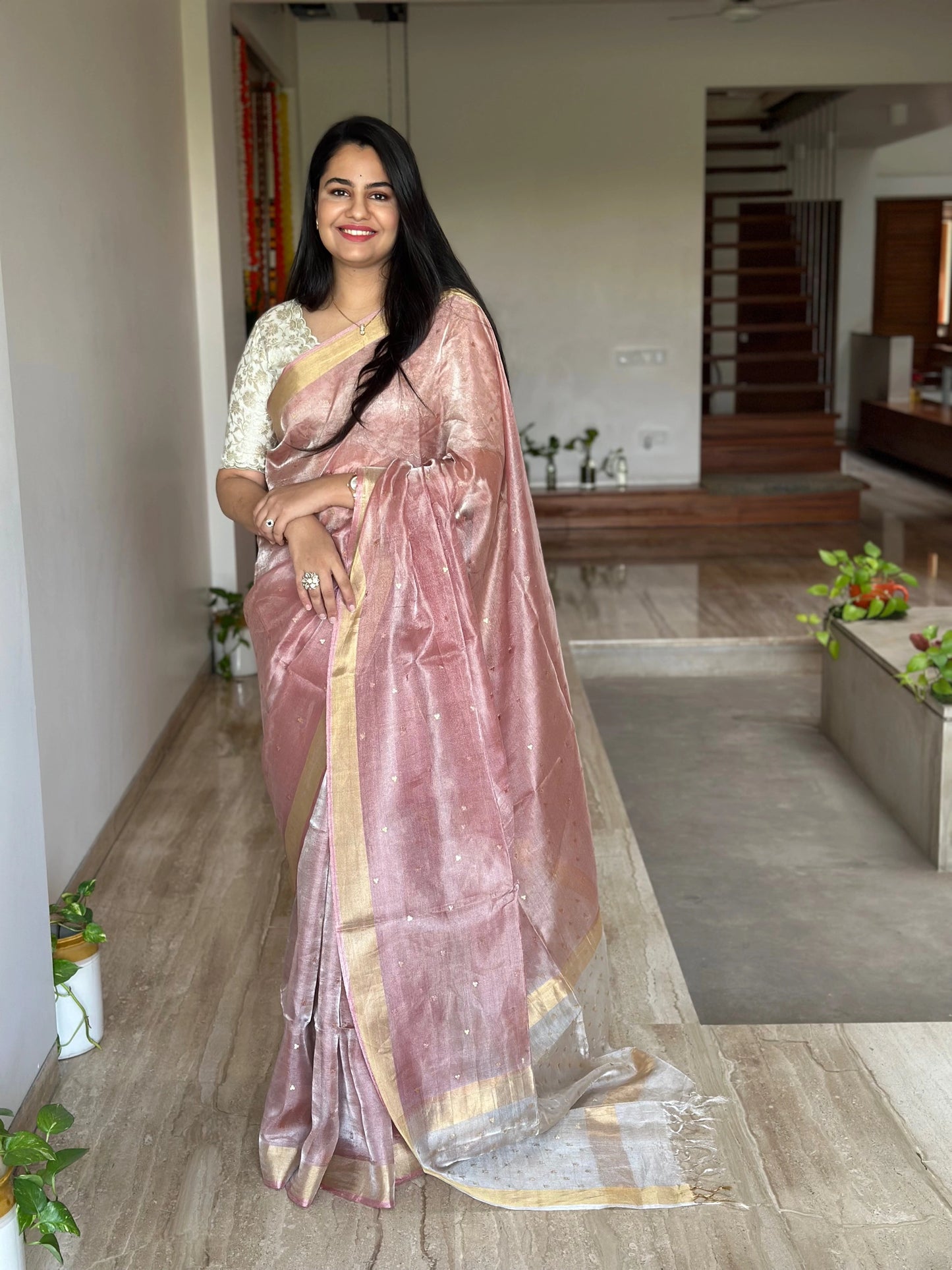 Dusky Pink-Silver Pure Tissue Silk Saree