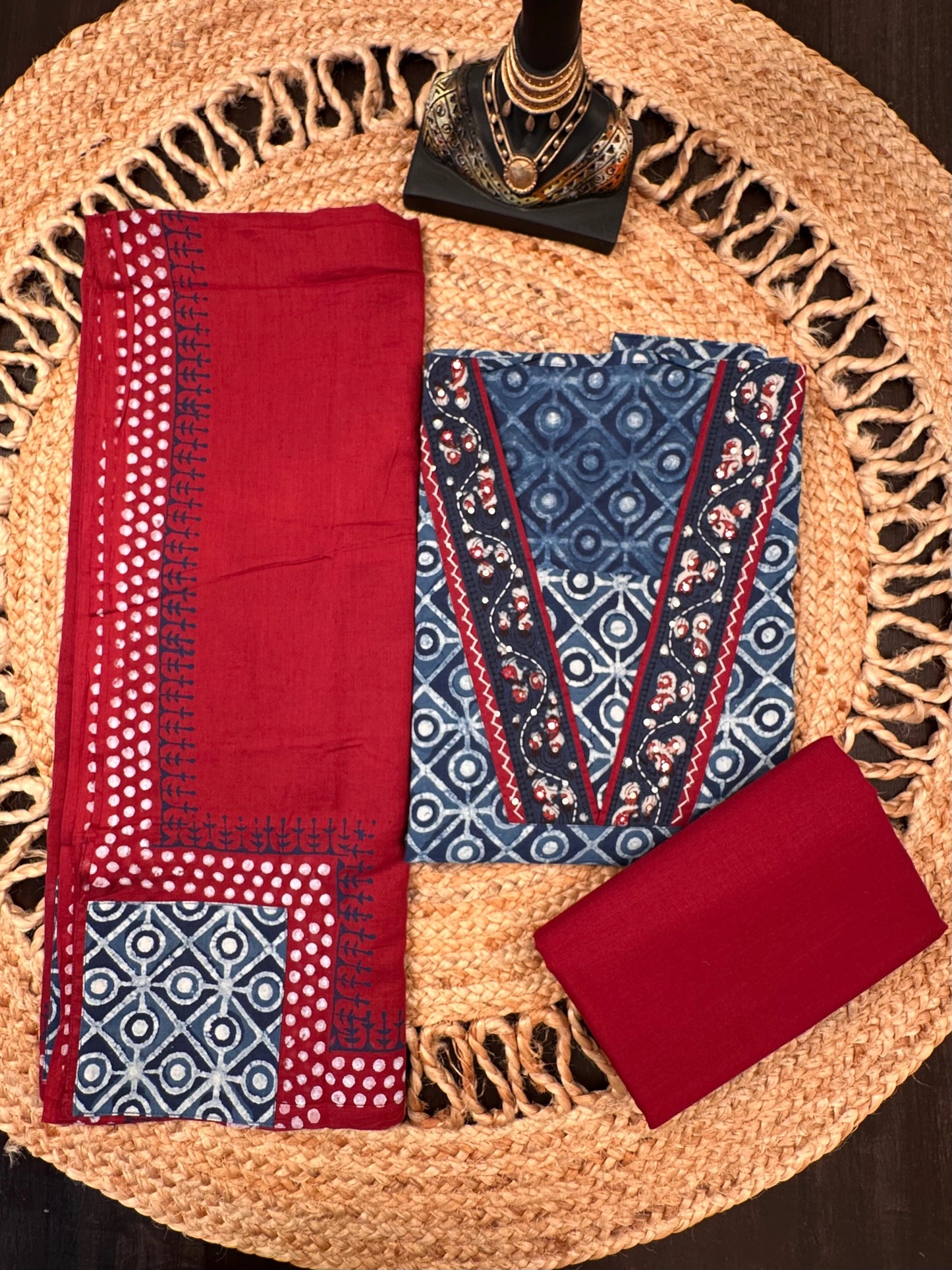 Indigo Blue Jaipuri Cotton 3-Piece Suit