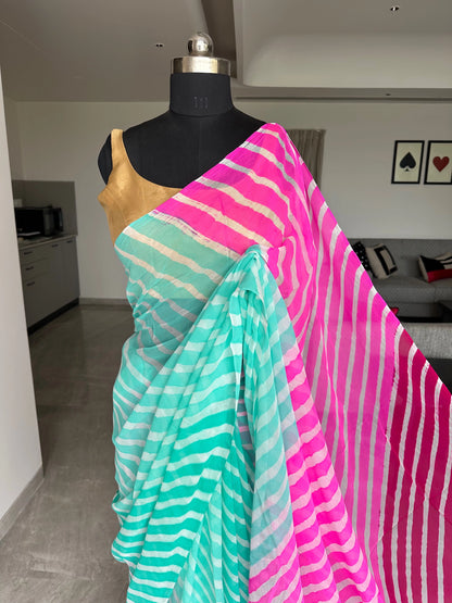 Sea Green-Pink-Rani Leheriya Pure Georgette Saree