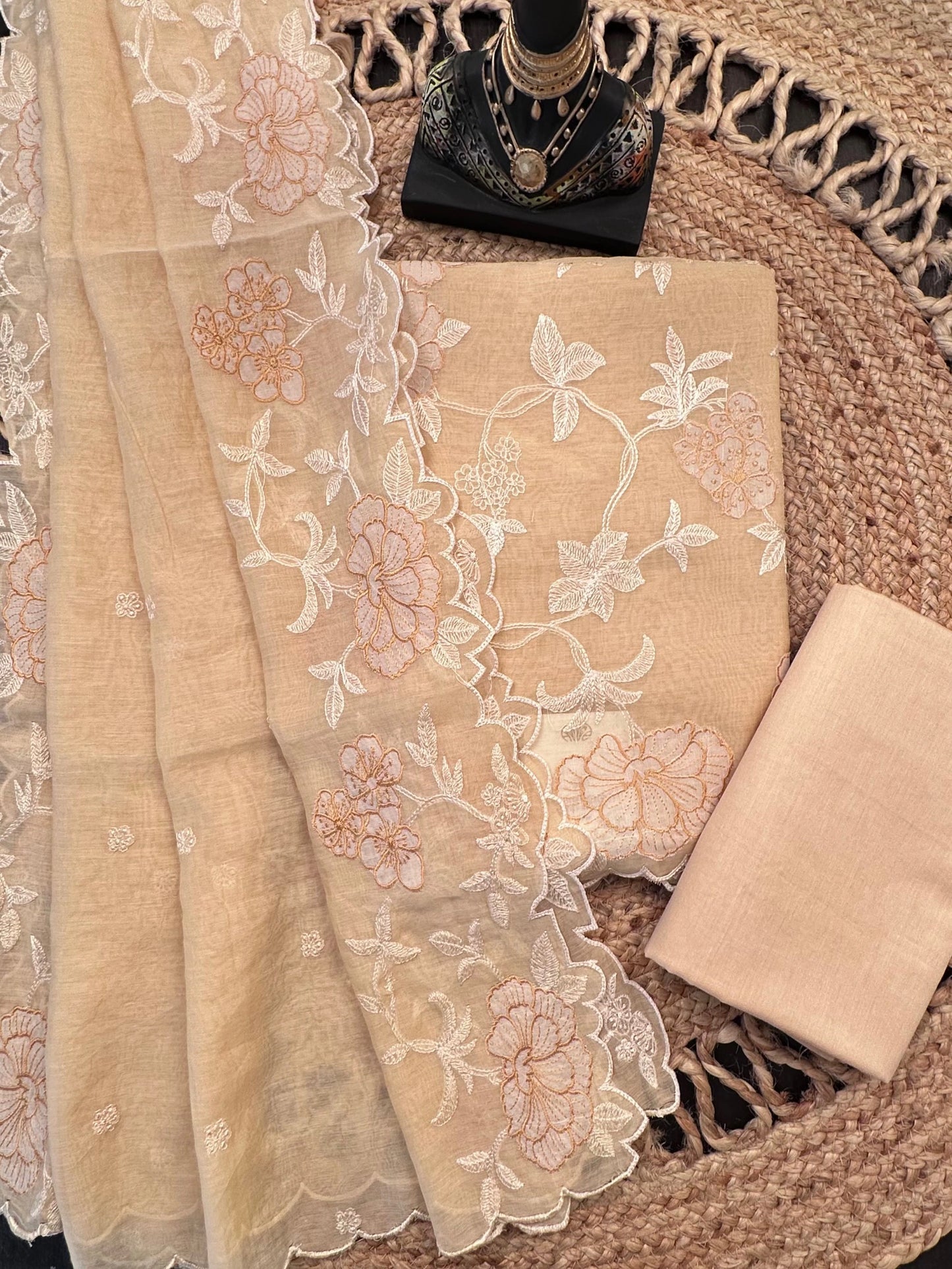 Beige Cotton Chanderi 3-Piece Unstitched Suit