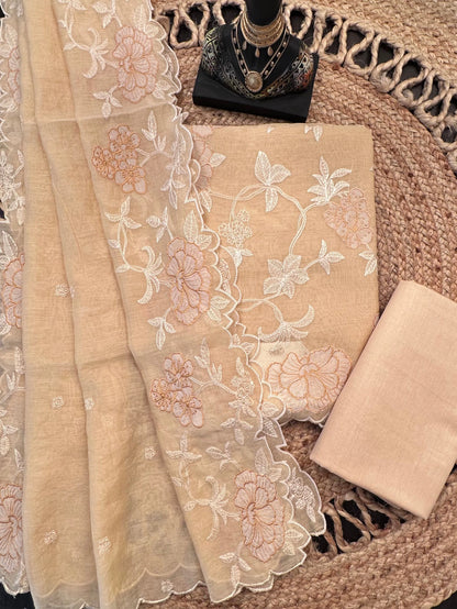 Beige Cotton Chanderi 3-Piece Unstitched Suit