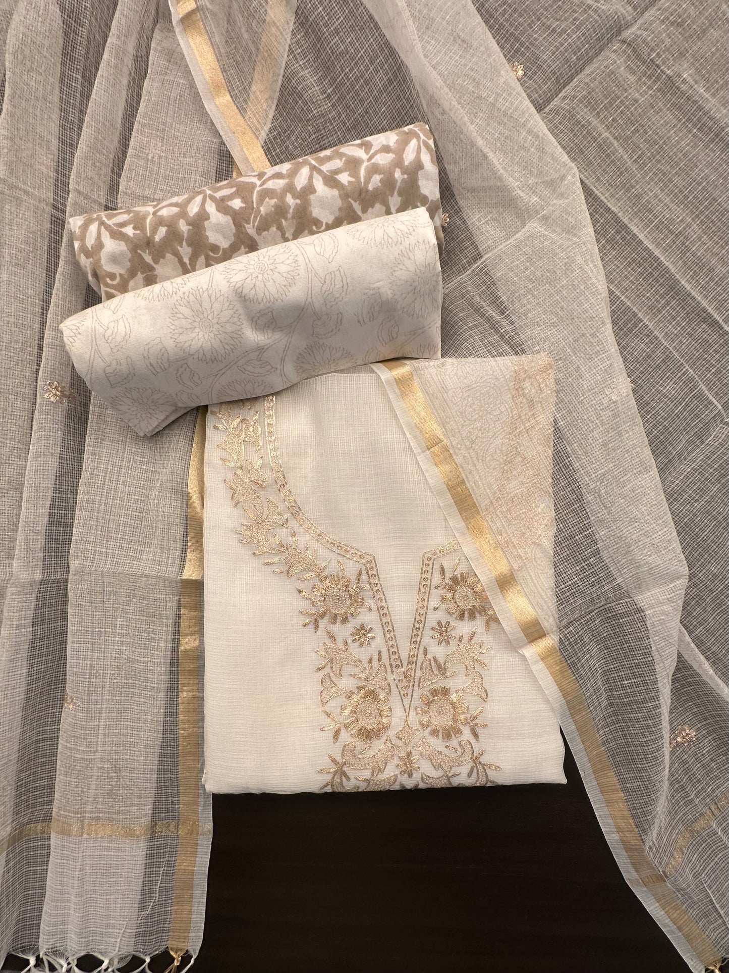Off White-Grey 4-Piece Kota Doria Cotton Unstitched Suit