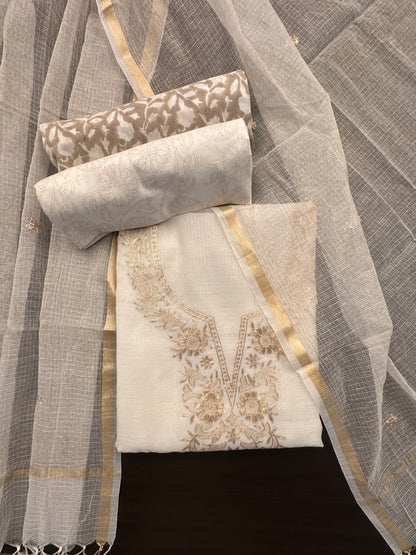 Off White-Grey 4-Piece Kota Doria Cotton Unstitched Suit