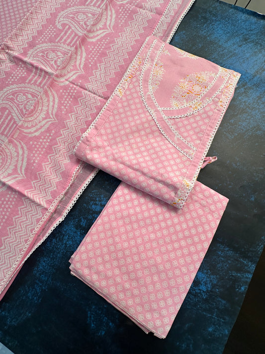 Pink  Angrakha Printed Cotton 3-Piece Suit