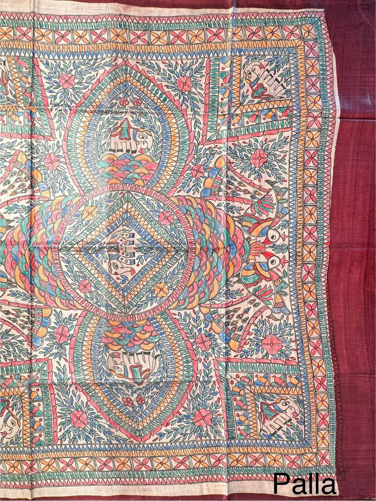 Maroon Madhubani Art Pure Tussar Silk Saree