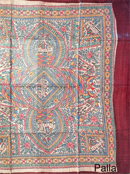 Maroon Madhubani Art Pure Tussar Silk Saree