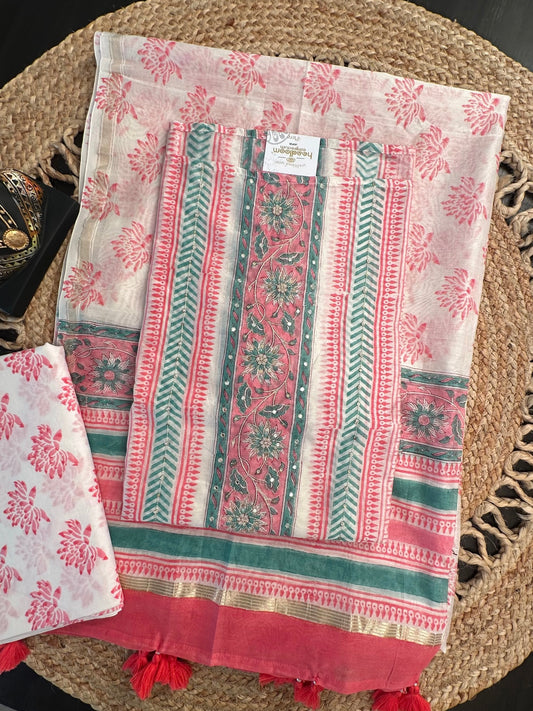 Off White-Pink Hand Block Printed Chanderi 3-Piece Unstitched Suit with Aari Work