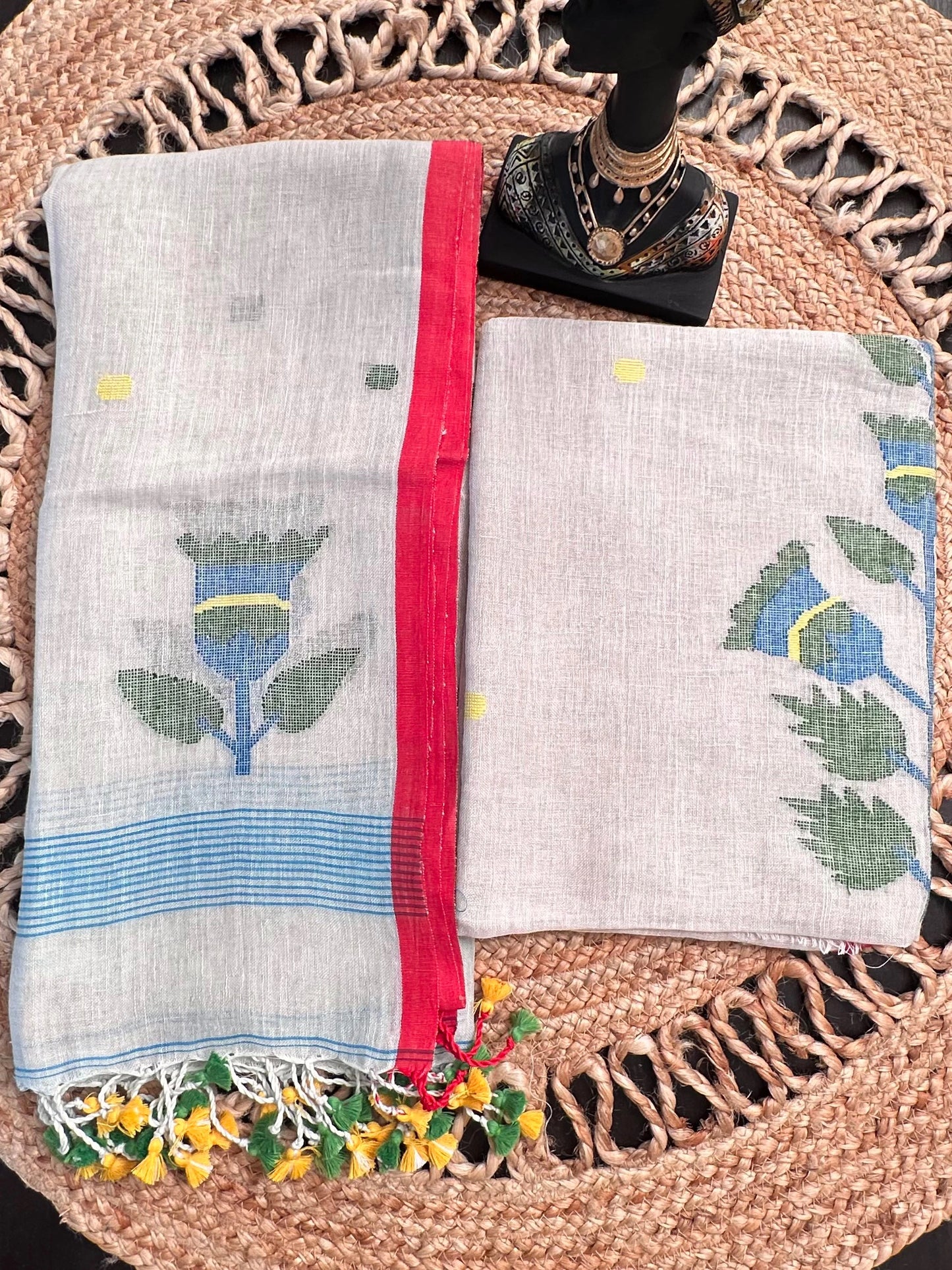 Beige Linen Dhakai 2 Piece Kurta Dupatta Unstitched Set