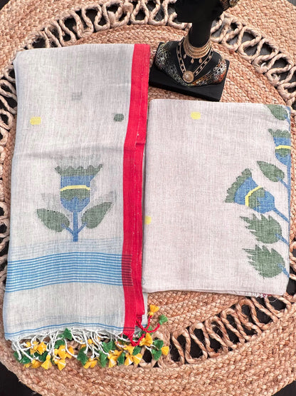 Beige Linen Dhakai 2 Piece Kurta Dupatta Unstitched Set
