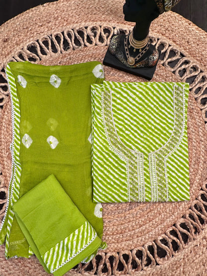Parrot Green Leheriya Jaipuri Cotton 3-Piece Unstitched Suit