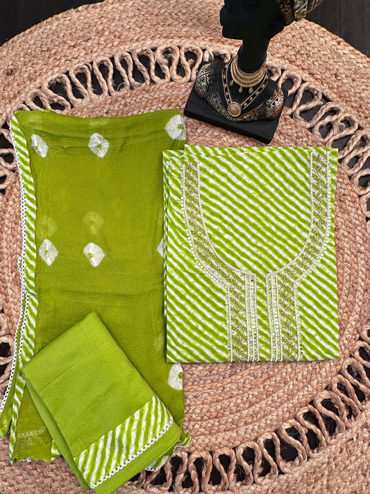 Parrot Green Leheriya Jaipuri Cotton 3-Piece Unstitched Suit