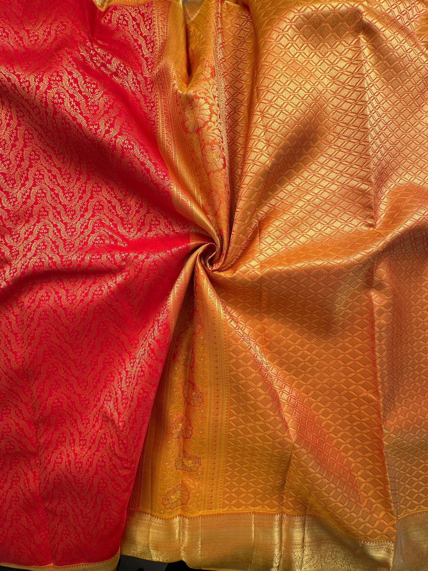Red-Mustard Handloom Kanjivaram Jamawar Pure Silk Saree