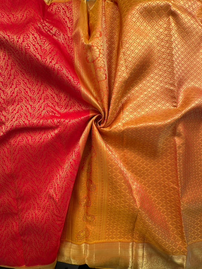 Red-Mustard Handloom Kanjivaram Jamawar Pure Silk Saree