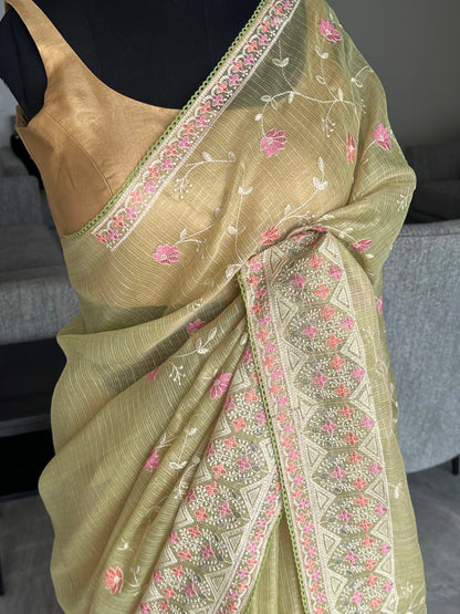 Parrot Green Fancy Tissue Saree