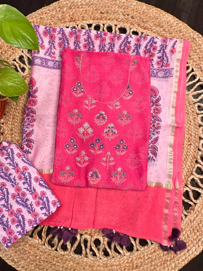Pink Chanderi Khadi Hand Block Printed 3-Piece Unstitched Suit