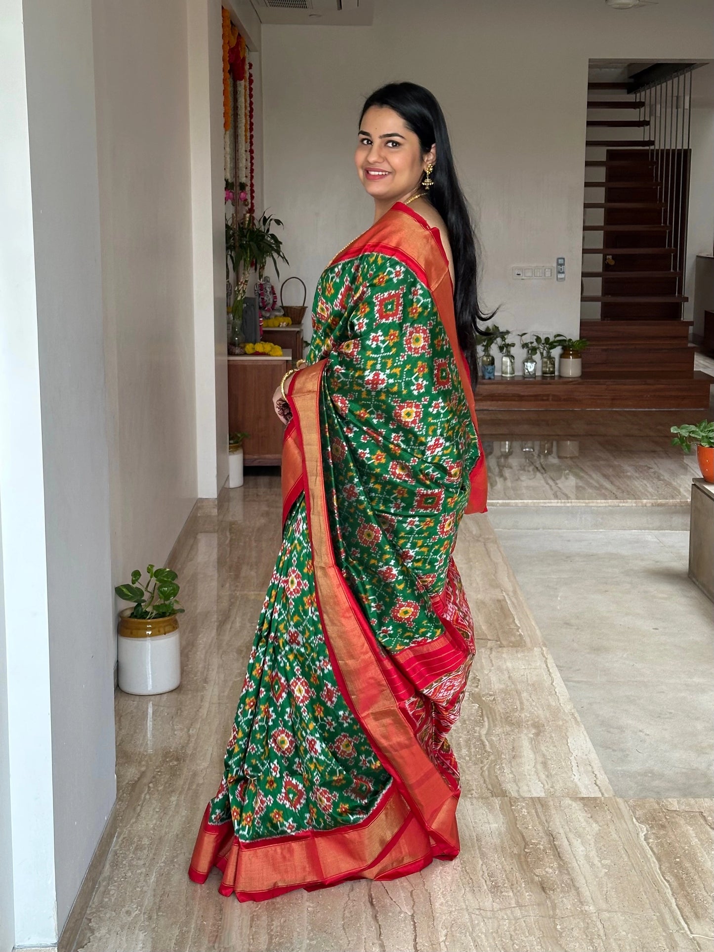 Bottle Green-Red Patola Handloom Silk Saree