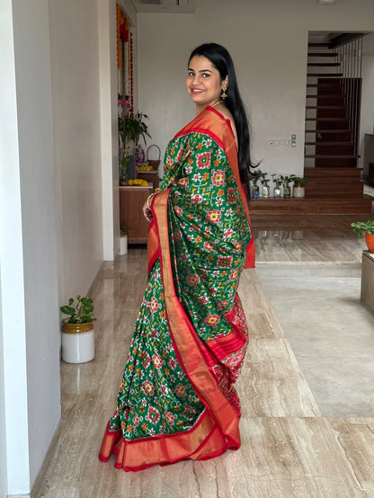 Bottle Green-Red Patola Handloom Silk Saree