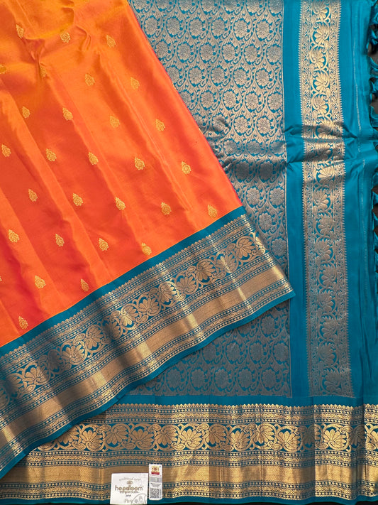 Orange-Rama Green Gadwal Pure Silk Saree