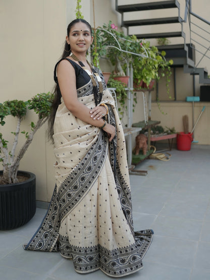 Beige Pure Tussar Silk Saree With Embroidery