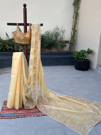 Lemon Yellow Blended Tissue Organza Saree