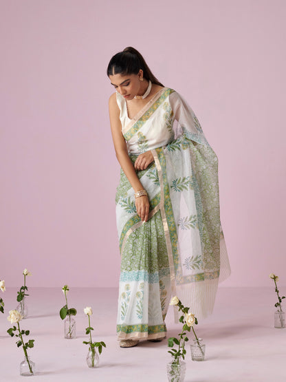 Off White- Green Block Printed Kota Doria Cotton Saree