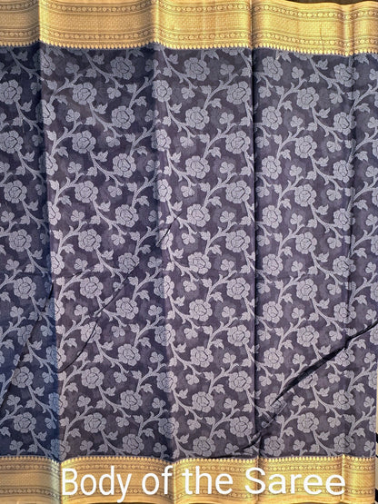 Indigo Floral Emboss Chanderi Saree