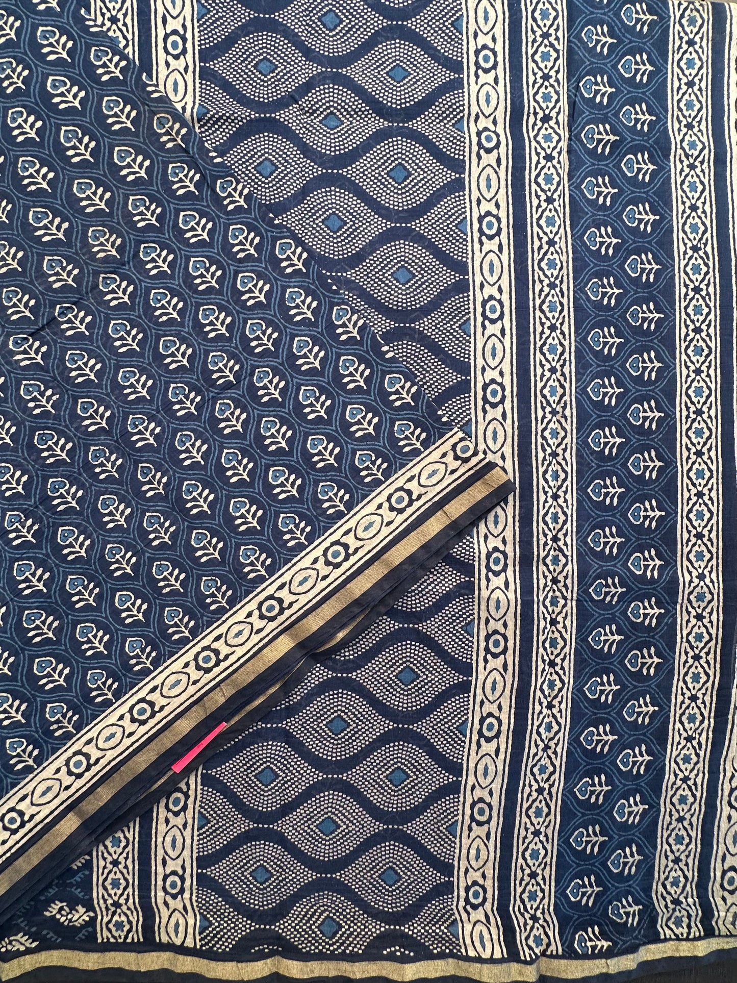 Indigo Blue Block Print Cotton Blend Saree