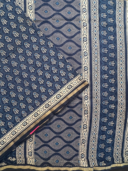 Indigo Blue Block Print Cotton Blend Saree