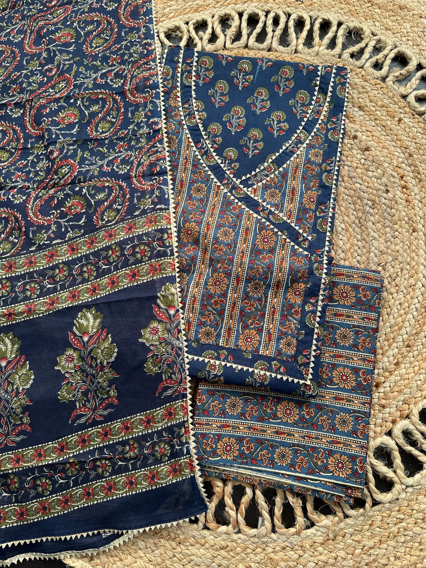 Navy Blue Angrakha Printed Cotton 3-Piece Suit