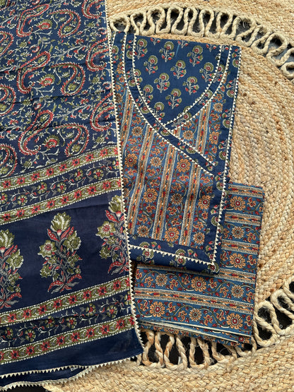 Navy Blue Angrakha Printed Cotton 3-Piece Suit