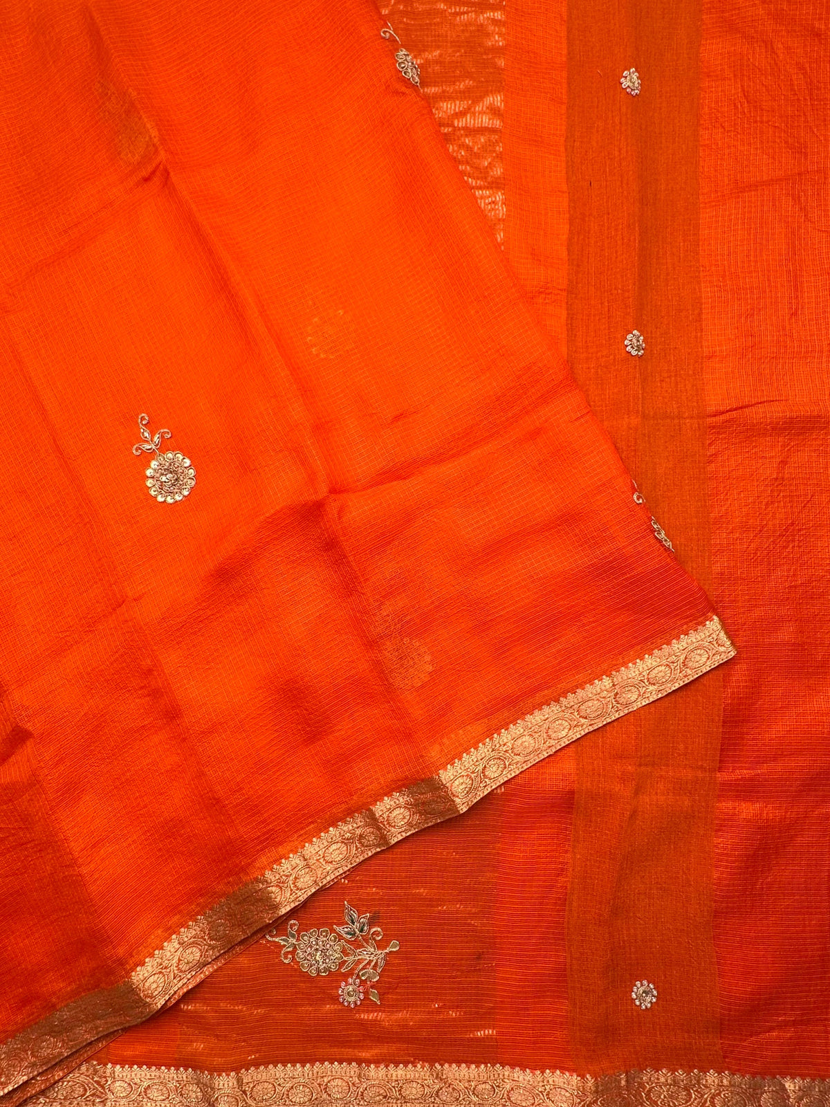 Orange Kota Doria Pure Silk Saree With Hand Work