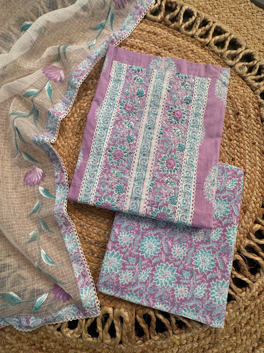 Purple Jaipuri Neck Work Cotton 3-Piece Suit