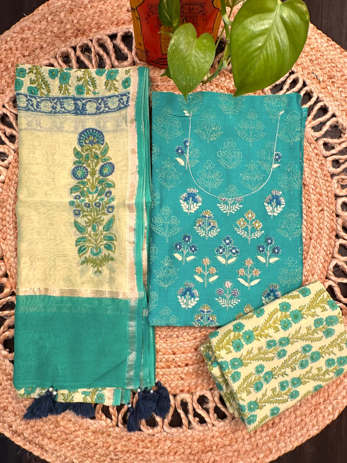 Green Chanderi Khadi Hand Block Printed 3-Piece Unstitched Suit