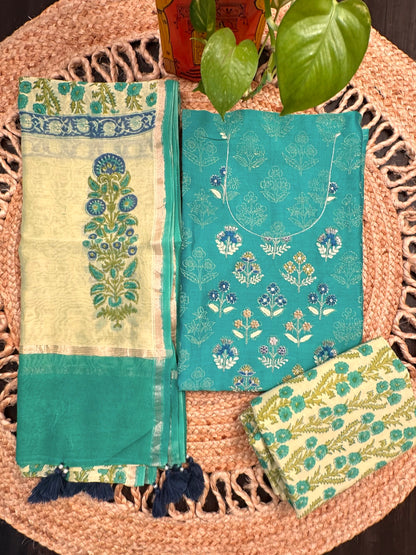 Green Chanderi Khadi Hand Block Printed 3-Piece Unstitched Suit