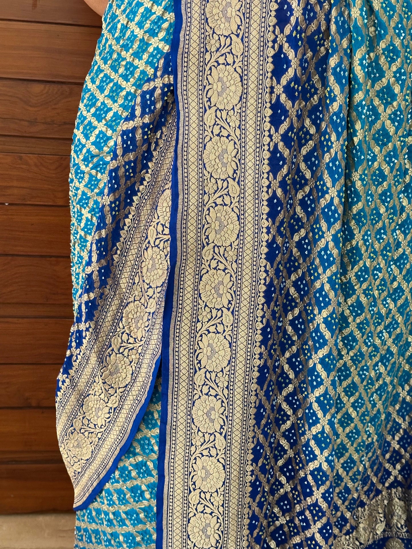 Firozi-Royal Blue Gharchola Bandhej Pure Georgette Saree