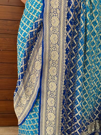 Firozi-Royal Blue Gharchola Bandhej Pure Georgette Saree