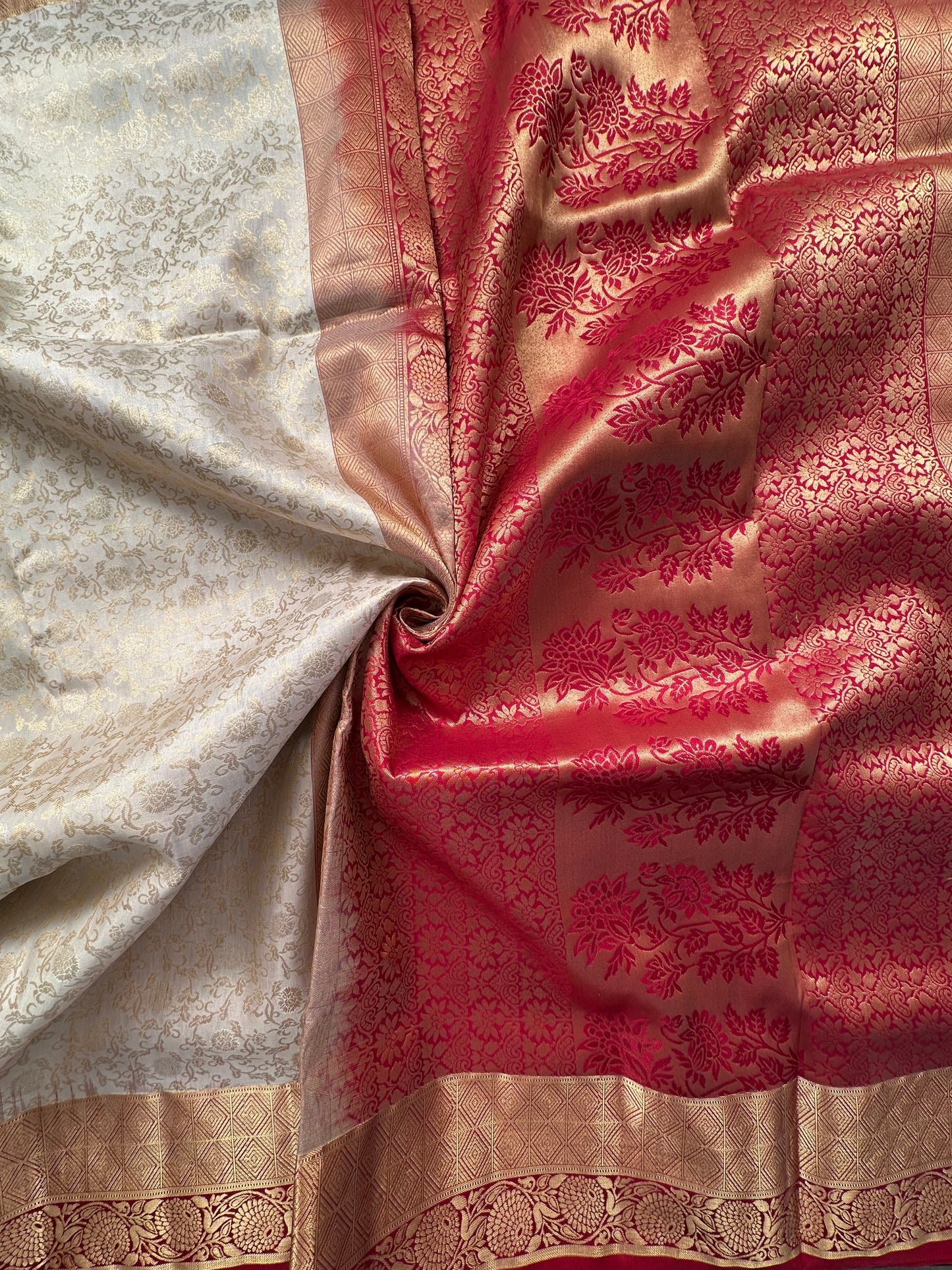 Cream-Maroon Handloom Kanjivaram Jamawar Pure Silk Saree