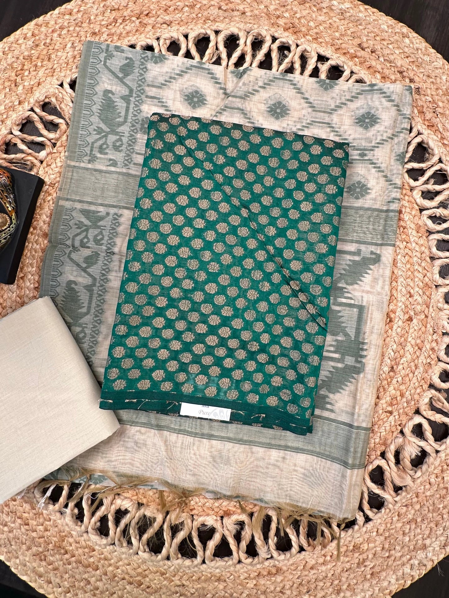 Bottle Green Jacquard 3-piece Unstitched Cotton Suit