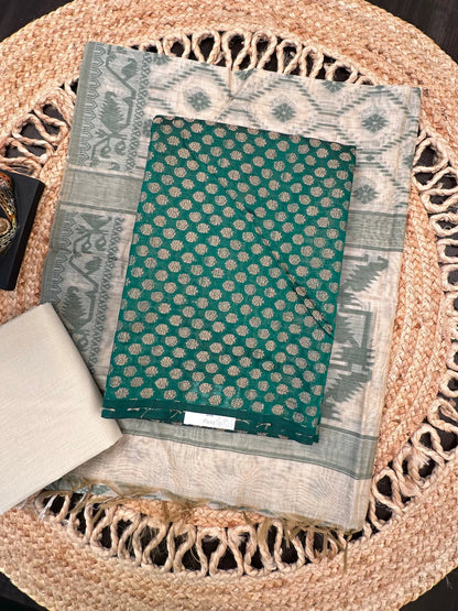 Bottle Green Jacquard 3-piece Unstitched Cotton Suit